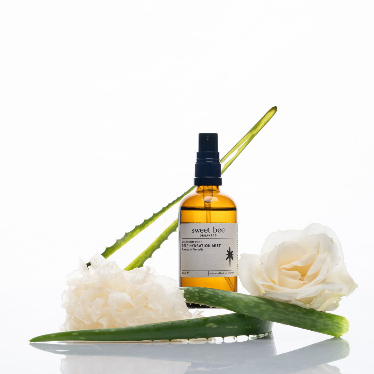 Deep Hydration Mist with fresh aloe vera leaves, a white rose and tremella mushroom